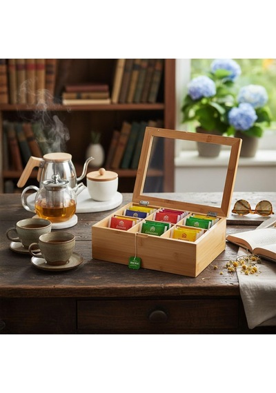 Deconox Bambu 6 Bölmeli Çay Kutusu -%100 Orjinal Bambu Mıknatıslı Kapak 21x16,5 X7cm Sku: Smg8690010173515 Açık