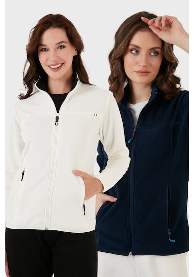 Lela Slim Fit Anti-Pilling Tüylenme Yapmayan Fermuarlı Cepli Hırka 2' Li Paket Bayan Polar 5907002S2 Ekru-Lacivert