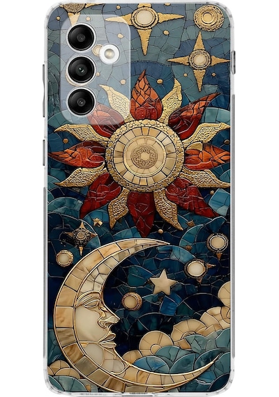 Printify Samsung Galaxy M13 İle Uyumlu Vitray Sol Ve Luna Tasarımlı Şeffaf Silikon Kılıf Şeffaf