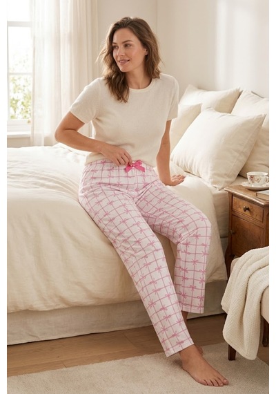 Mataş Kadın Büyük Beden Sandy Kumaş Pijama Altı Battal Boy Rahat Kesim Pembe