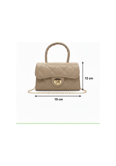 Satuna Parlak Kapitone Mini Çanta Astar Detaylı Zincir Askılı Kadın El Ve Omuz Çantası 19x12 Cm Vizon