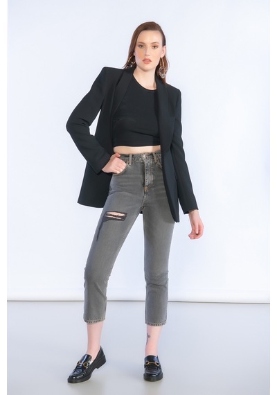 Kirli Mavi Yüksek Bel Lazer Detaylı Mom Jeans - Kirli Mavi