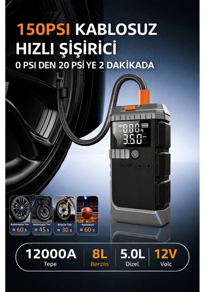 12000 Mah Akü Takviye & Hava Kompresörü 1200a Güç 150 Psı