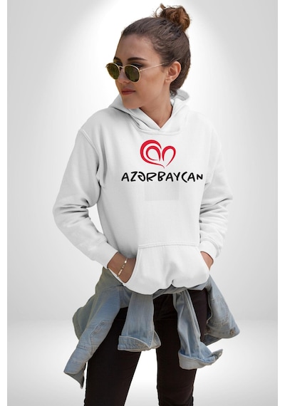 Azerbaycan Seviyorum I Love Azarbaycan Kadın Erkek Beyaz Kapüşonlu Sweatshirt Hoodie Beyaz