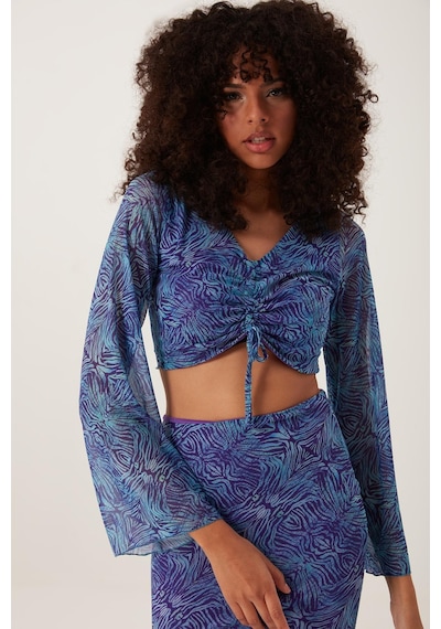 Quhox Kadın Ön Astarlı Mesh Crop Bluz Mavi