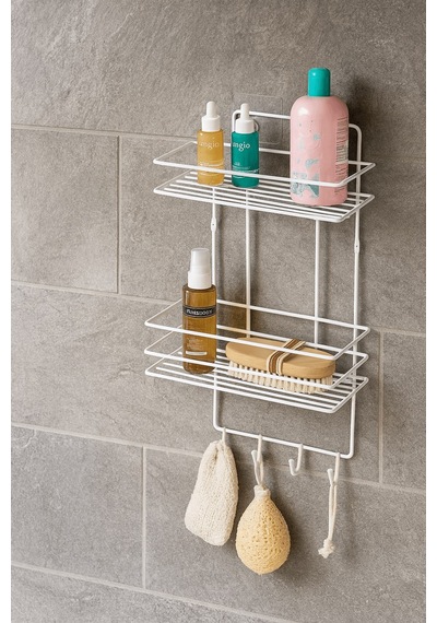 Sas Haus 2 Katlı Beyaz Kancalı Banyo Duş Rafı, Şampuanlık, Lif/kese Askılı, Paslanmaz Metal, Banyo Düzenleyici - Tş-02 Beyaz