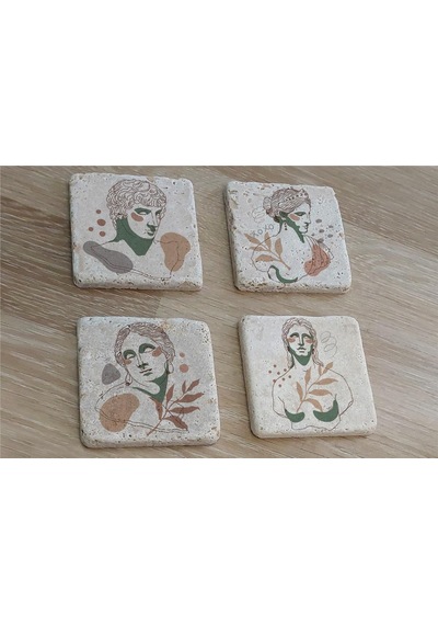 Line Art Heykel Portre Doğal Taş Bardak Altlığı 4'lü Set - Natural Stone Coasters - Taş Beyaz