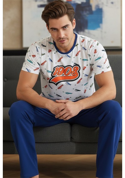 Siyah İnci Bisiklet Yaka Baskılı Örme Pijama Takım 25109830 Beyaz