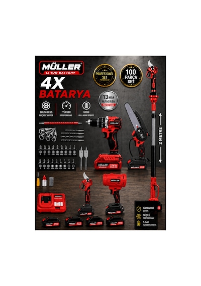 Pro Müller Profesyonel 5'li Set Darbeli Matkap Şarjlı Makas-testere -teleskop Ve Yaprak Üfleme 100 Pcs Set