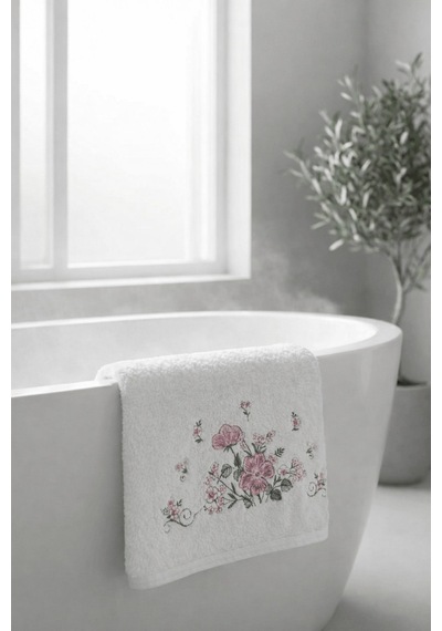 Bambu Pamuk Çiçek Nakışlı 50 X 90 Cm Nakışlı El Havlusu Açık Hardal