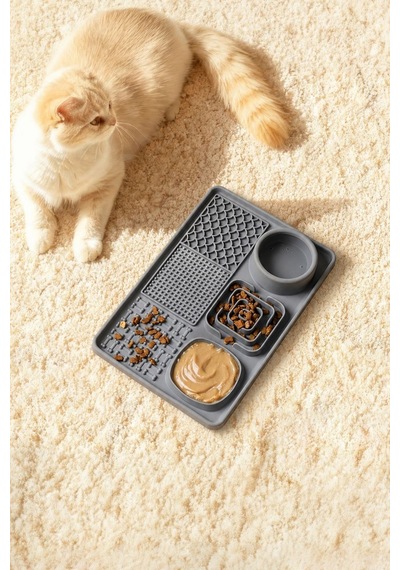 Silikon Gri Kaymaz Yavaş Yeme Kedi Köpek Mama Ezmesi Yalama Matı Su Kabı Mt289gr