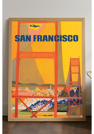 San Francisco Doğal Ahşap Çerçeveli Poster, Dekoratif Seyahat Duvar Tablosu