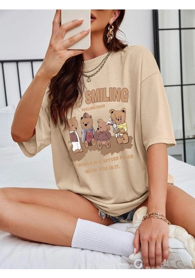 Flood Of Style Kadın Bej Keep Smılıng Oversize Bisiklet Yaka Tshirt