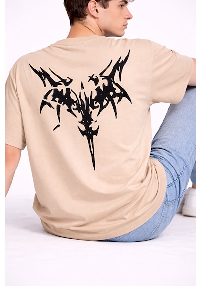 Nevermind Oversize Erkek Tişört Arkası Baskılı Streetwear Siyah Grafik Back Bej