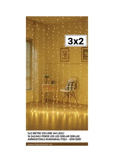 Fişli 3 2 Metre Perde Led Işık Kumandalı Gün Işığı Aydınlatma Sarı