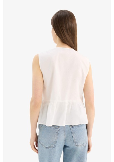 DeFacto 	Fitted V Yaka Önden Bağlamalı Poplin Kolsuz Bluz E6529AX25SMWT34