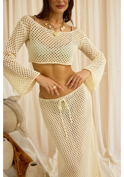 Mai Collection Forio Bej Triko Crop Etek Takım