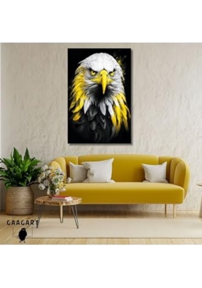 Dikey Kanvas Duvar Tablosu Sarı Detaylı Siyah Beyaz Kartal 50 X 70 -