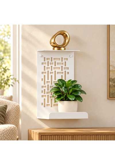 Geometrik Metal Duvar Rafı, Bitkiler Ve Küçük Dekorlar İçin İki Katlı Sergileme Rafı Beyaz