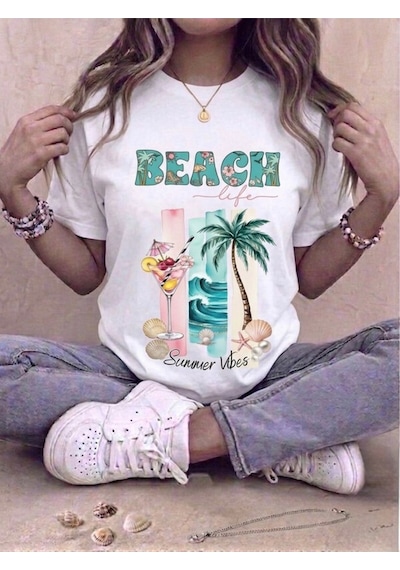 Beach Baskılı Oversize Kompak T-shirt Beyaz