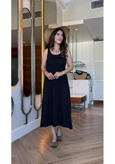Veraura Lifestyle Kadın Askılı Yuvarlak Yakalı Viskon Elbise Siyah