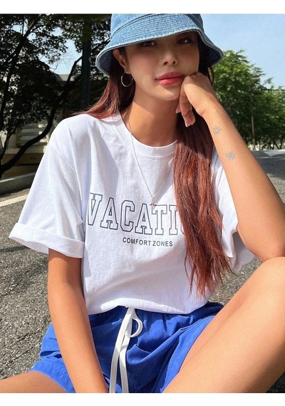 Unisex Beyaz Oversize Vacation Baskılı Örme T-shirt Beyaz-56806
