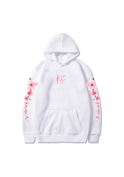 Startmore Beyaz Japon Çiçeği Sakura Grafik Hoodiesahat Rahat Karikatürk Beyaz