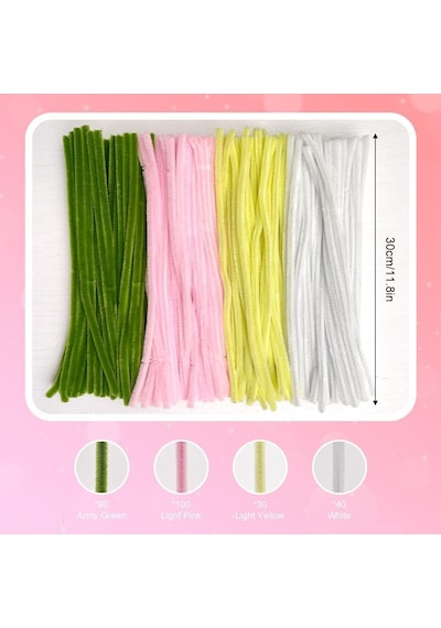 100 Adet Sarı, Pembe, Beyaz, Koyu Yeşil Renkli Şönil , Çiçek Yapım Seti, Tüylü Tel, 30 Cm, Peluş Tel