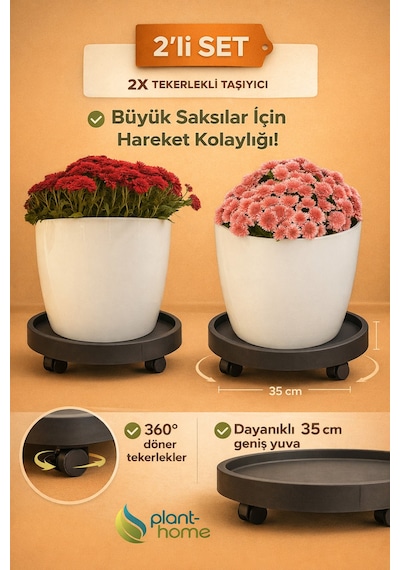 2 Li Set Tekerlekli Saksı Altlığı Bitki, Damacana Ve Hava Difüzörü İçin Çok Amaçlı Taşıyıcı Siyah