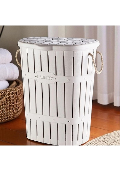 Ayrex Kastamonu Plastik Bambu Halatlı Kirli Çamaşır Sepeti 65 L-beyaz Diğer