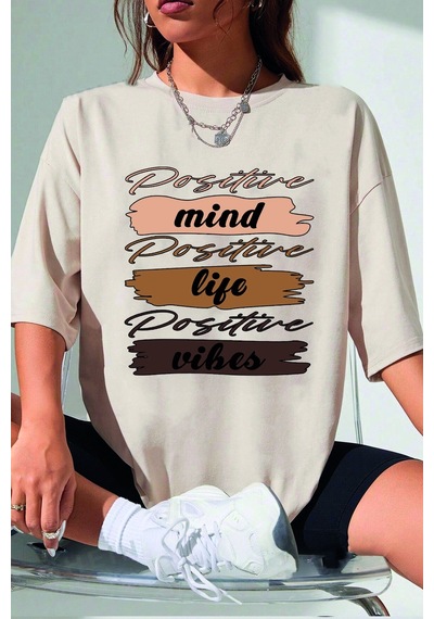 Unisex Mind Life Vibes Baskılı Oversize Tshirt Bej
