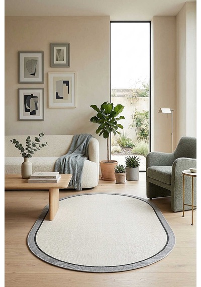 Natura Sisal Hasır Görünümlü Çift Bordürlü Oval Halı Ntr27 Siyah-gri