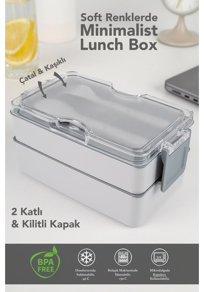 2 Katlı Kilitli Beslenme Kabı - Kendinden Çatal Kaşıklı Lunch Box Beslenme Kutusu Saklama Kabı Gri