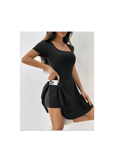 Butik İstanbul Kadın Kısa Kollu Kare Yakalı Cep Detaylı Dalgıç Elbise Tulum Siyah