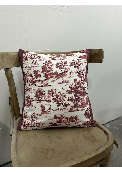 Toile De Jouy Monet Kırlent Kılıfı 43x43 Cm %100 Pamuk Dijital Baskılı Country Tarzı Fransız Dekoratif Yastık Kılıfı - Zt750 Kırmızı