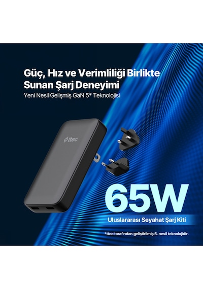 Ttec 2SCG06S Smartcharger Trio Gan 65W PD Avrupa-Ingiltere-Amerika/Avustralya Uluslararası Şarj Kiti