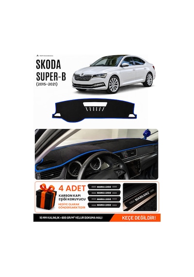 Skoda Super-b 2015-2021 Uyumlu Torpido Koruma, Torpido Örtüsü, Torpido Kılıfı - Siyah-mavi - Sk012