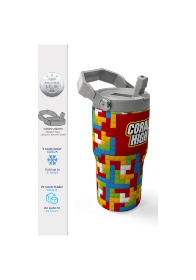 Coral High Renkli Blok Desenli Katlanır Ağızlıklı Çelik Termos 600 Ml 38917 Kırmızı