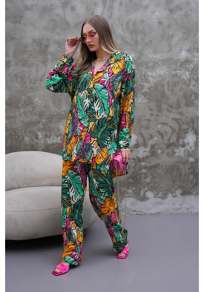 Polologin Butik Tropik Yaprak Desenli Takım Çok Renkli