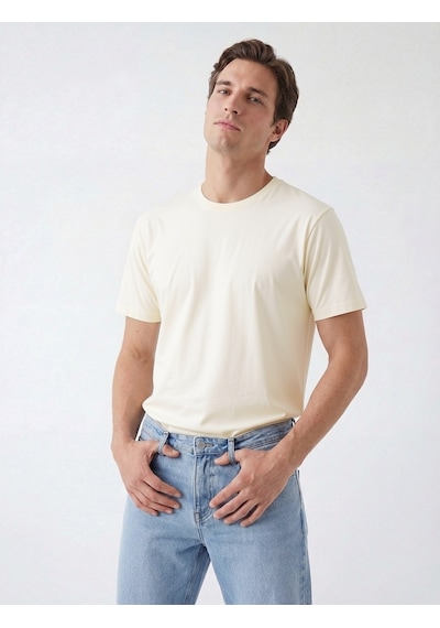 Noux Pamuk Basic Esnek Bisiklet Yaka Erkek T-shirt Ekru
