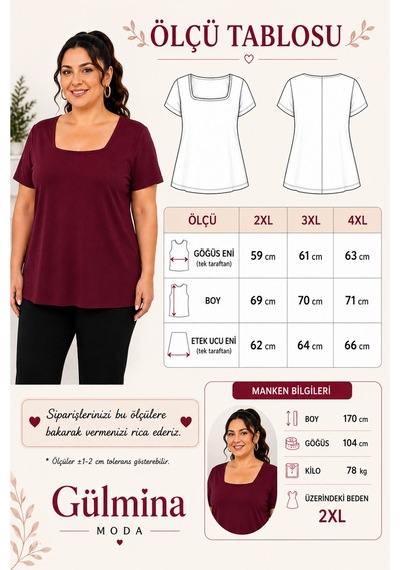 Gülmina Moda Kadın Kare Yaka Büyük Beden Bluz - Bordo
