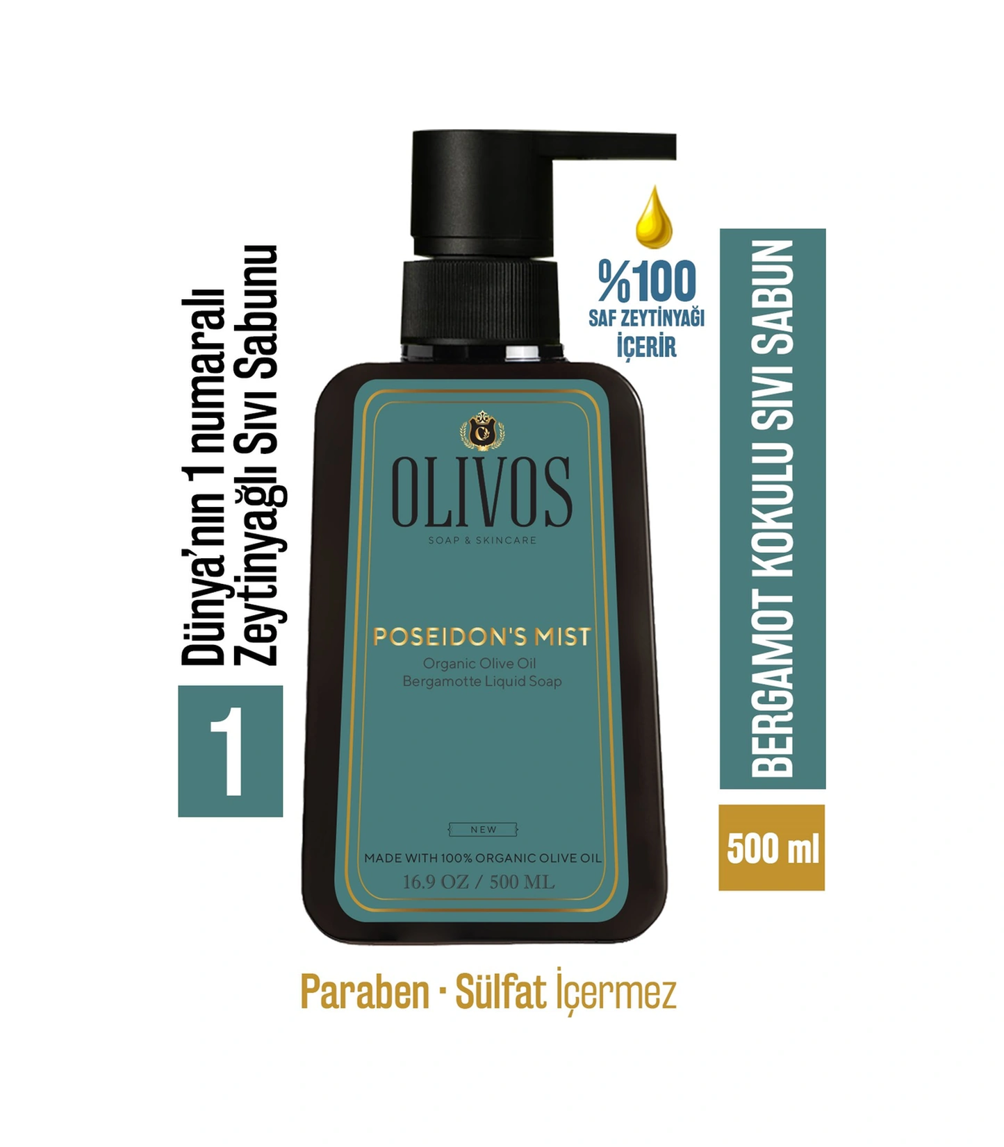 %100 Doğal Zeytinyağlı Bergamot Kokulu Sıvı El Sabun Yoğun Nemlendirici Arındırıcı Bitkisel 500 Ml