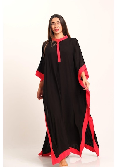 Keyifli Moda Kadın Siyah Kırmızı Garnili Sırtı Çiçek Nakışlı Püsküllü Yarasa Kol Yırtmaçlı Oversize Uzun Elbise - Sıyah Siyah
