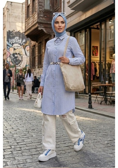 Hb Harma Time Butik Kadın Çizgi Desenli Kemerli Keten Mavi Gömlek