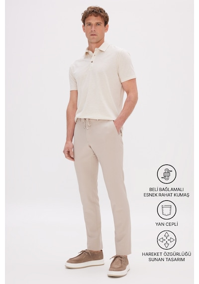 AC&Co / Altınyıldız Classics Erkek Bej Slim Fit Dar Kesim Beli Bağlamalı Yan Cep Gofre Desenli Pantolon Bej