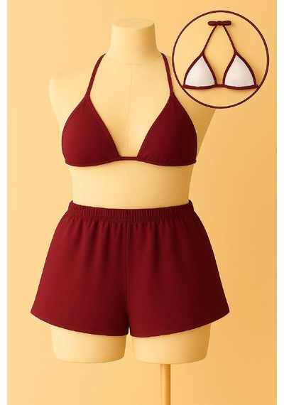 Angbutik Kadın Bordo Şortlu Belden Ve Boyundan Bağlamalı Bikini Takımı