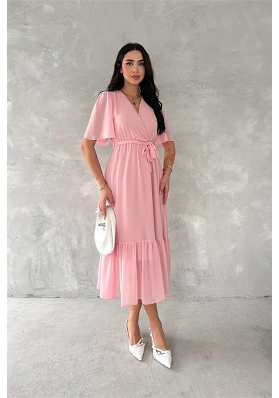 Neşeli Butik Kadın Kruvaze Yaka Kuşaklı Şifon Elbise Nbk4115 Pembe