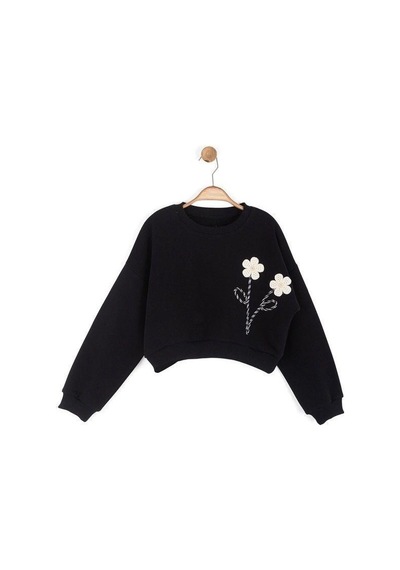 Kız Çocuk Çiçek Desenli Sweatshirt-16127 Siyah