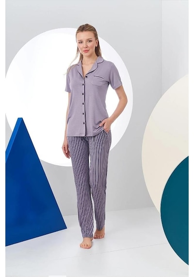 Pjs 24156 Kadın Çizgili Düğmeli Pijama Takım 001