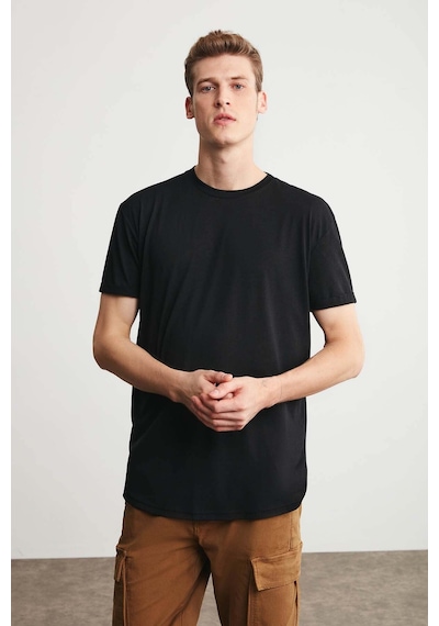 Grimelange Oscar Erkek Comfort Fit Uzun Dökümlü Kumaş Siyah T-shirt